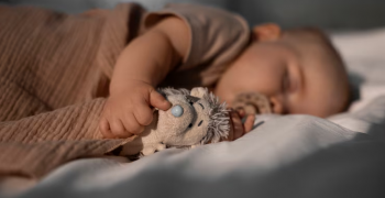 Recém-nascido dormindo tranquilamente na cama, abraçando um bichinho de pelúcia e usando chupeta, transmitindo conforto, paz e inocência.