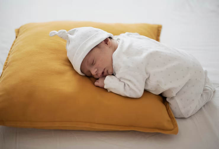 Recém-nascido dormindo tranquilamente na cama, transmitindo conforto, paz e inocência.