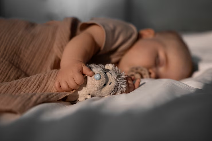 Recém-nascido dormindo tranquilamente na cama, abraçando um bichinho de pelúcia e usando chupeta, transmitindo conforto, paz e inocência, mantendo rotina de sono